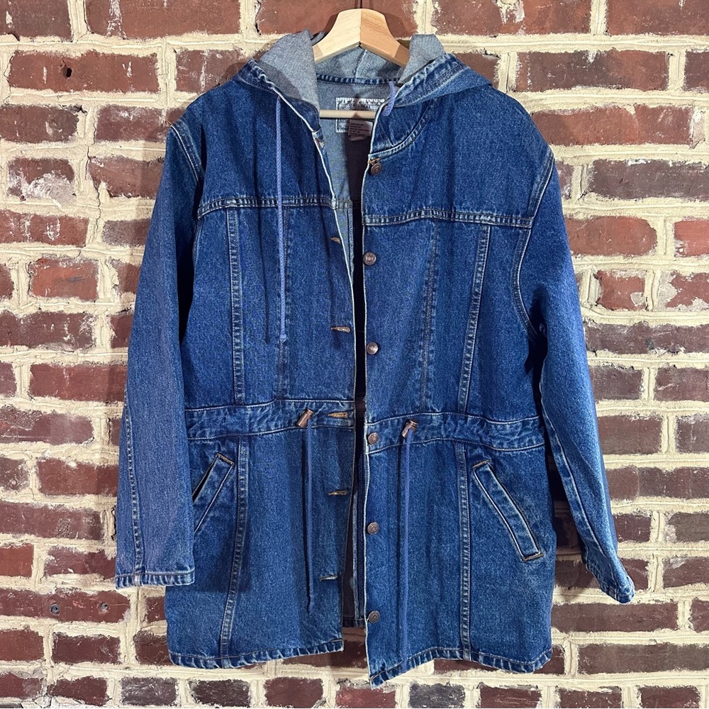 Vintage Jordache Denim Jacket Cinch waist L Hood 80’s 90’s Toggle - Picture 3 of 7